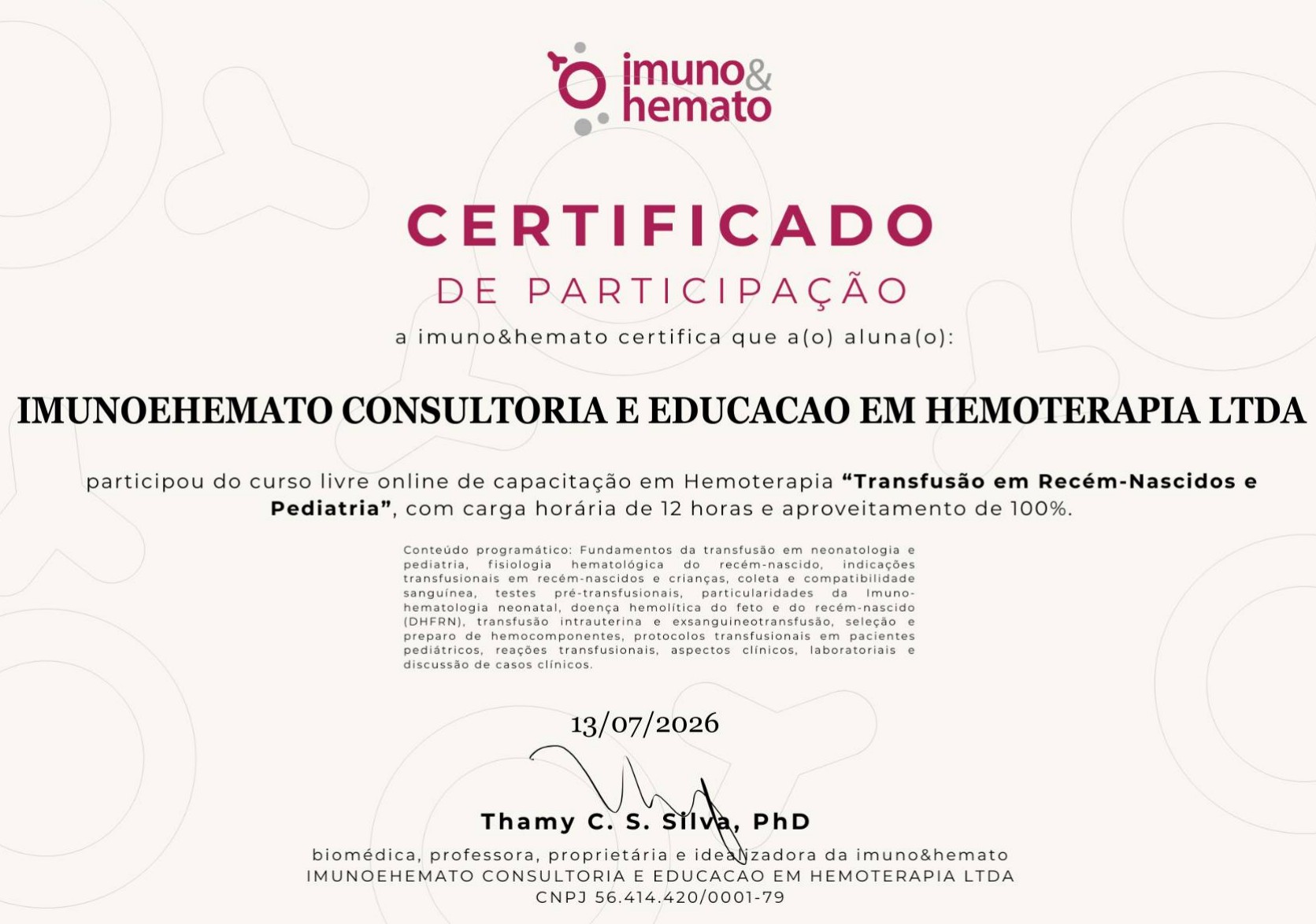 Certificado do curso Transfusão em Recém-Nascidos e Pediatria